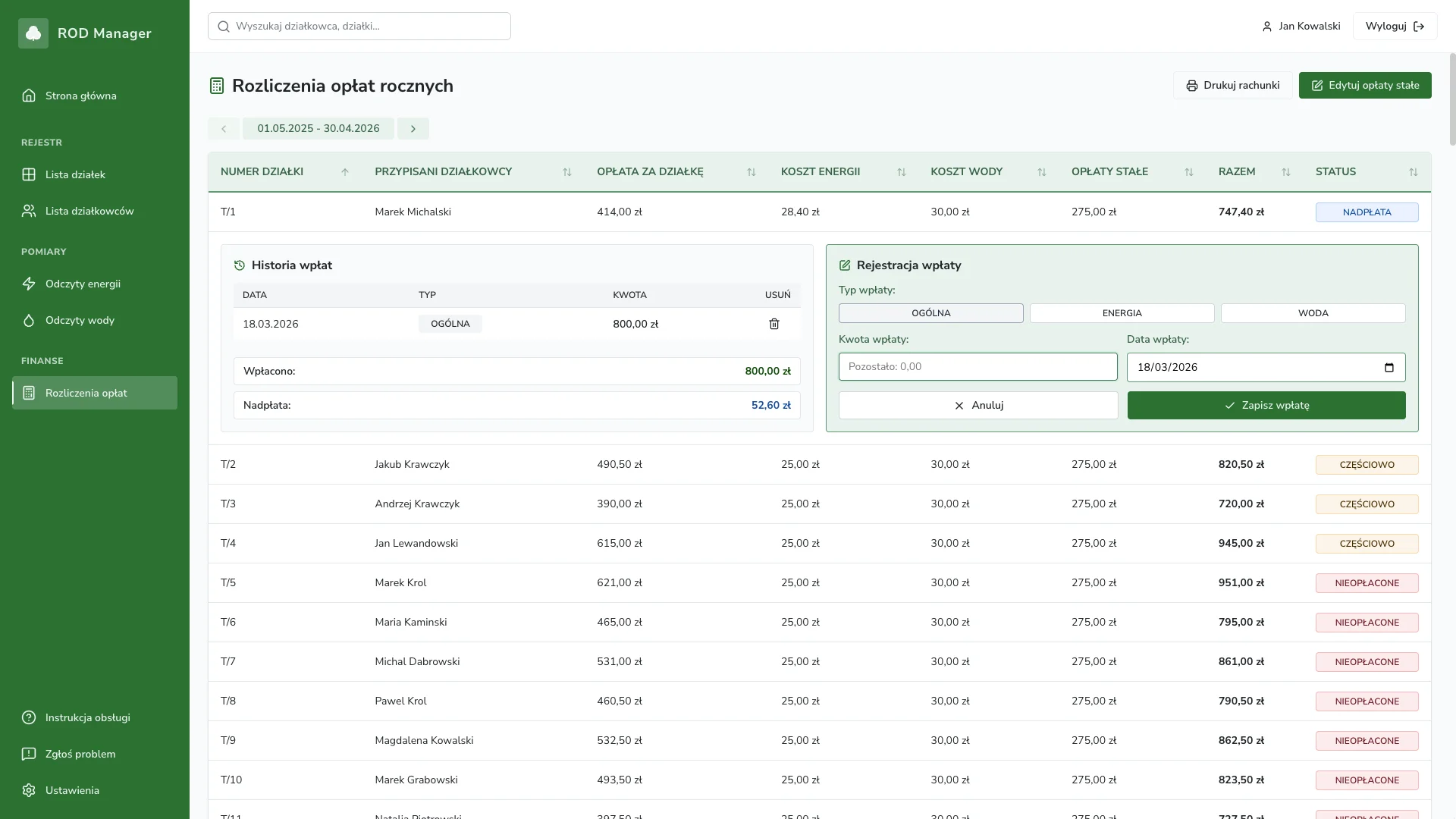 ROD Manager - widok rozliczeń opłat rocznych