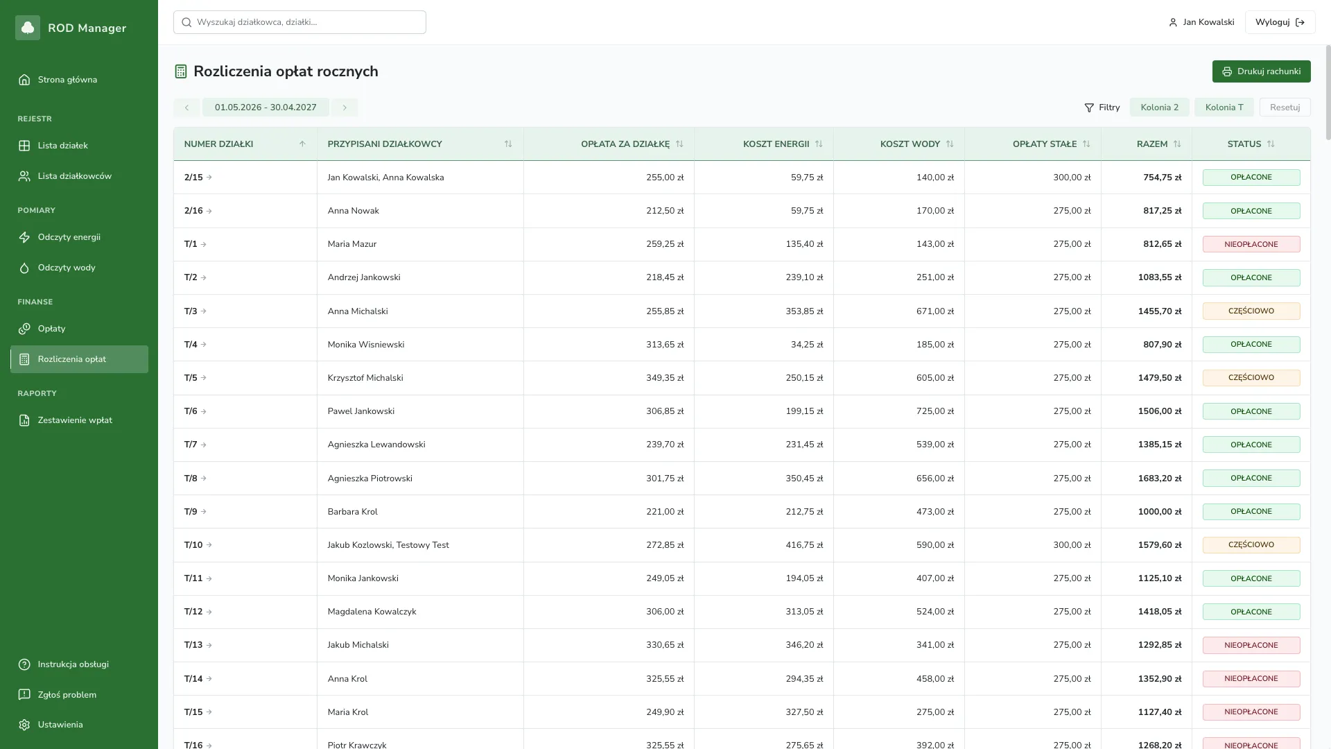 Lista rocznych rozliczeń opłat w programie ROD Manager